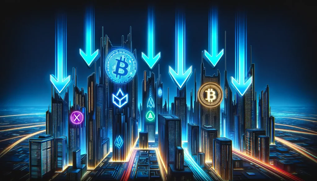 Futuristic cityscape with downward arrows over cryptocurrency logos indicating market downturn