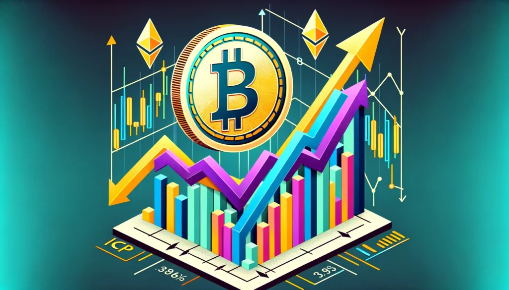 A digital art piece contrasting ICP's upward trend with Bitcoin's stagnant performance, using symbolic representations like arrows and graphs.
