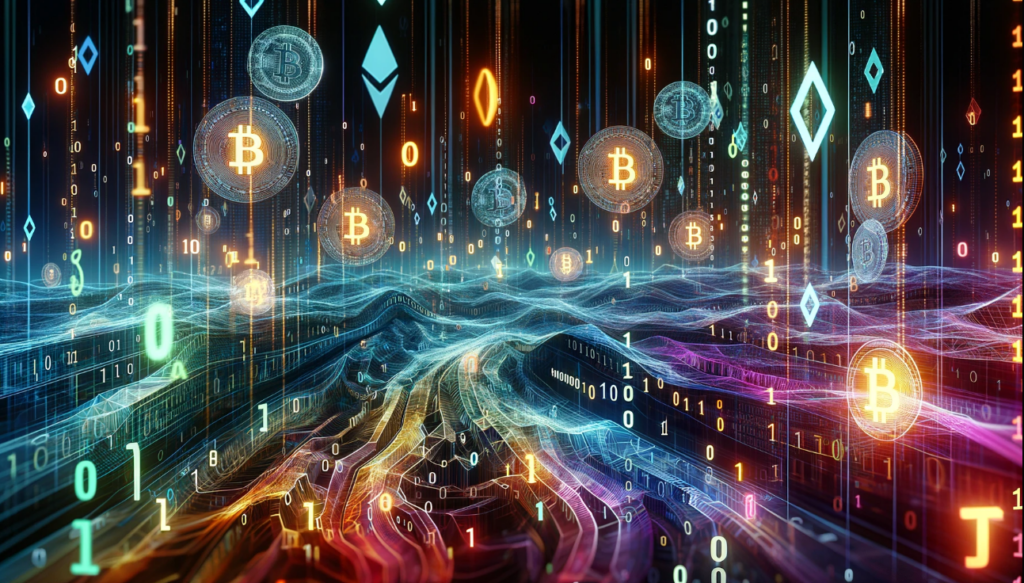 "Abstract digital landscape showing the complexity of cryptocurrency communications