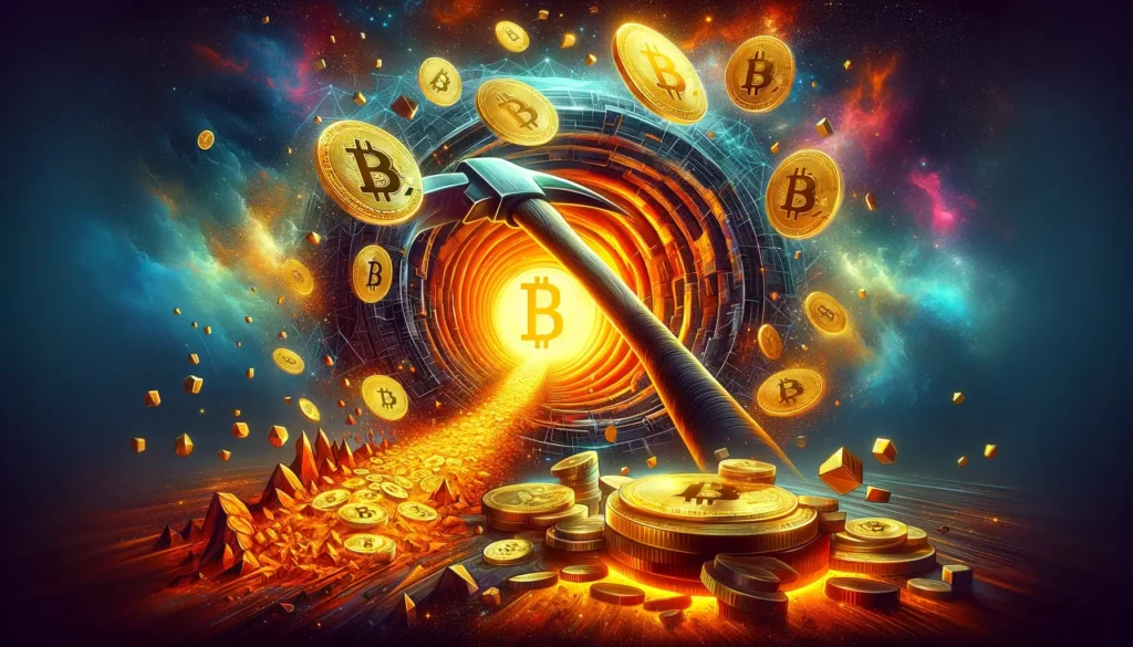Abstract Bitcoin symbols flowing into OTC portal in cosmic setting