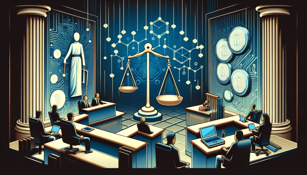 Abstract legal battle between regulatory body and high-profile individual with scales of justice and blockchain