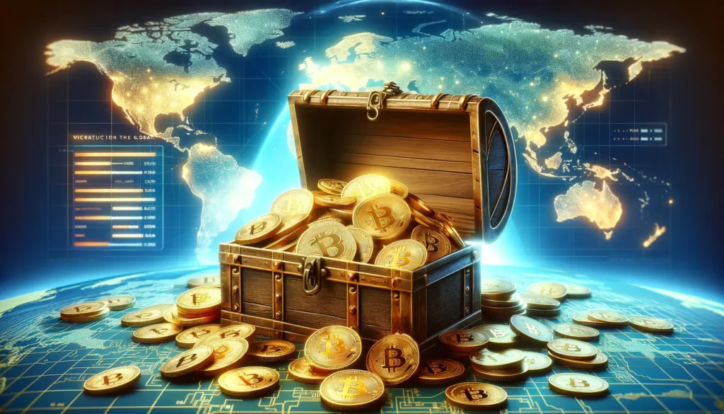 Treasure chest overflowing with golden Bitcoin coins on digital world map