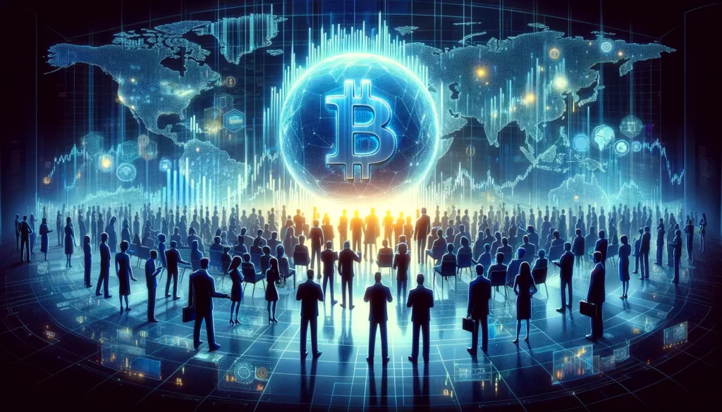 Global investors around a digital Bitcoin chart displaying diversity and connectivity