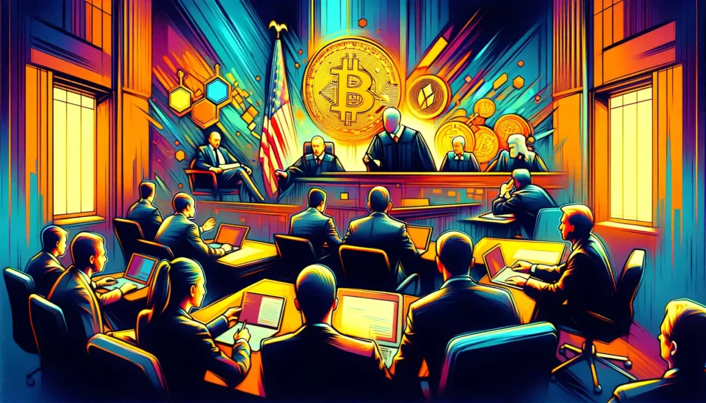 Abstract courtroom scene depicting crypto hedge fund legal battle