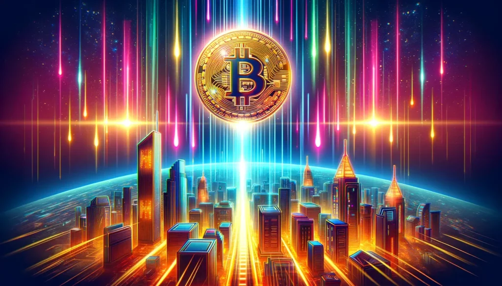 Neon cyberpunk city skyline with ascending Bitcoin coins on light beams