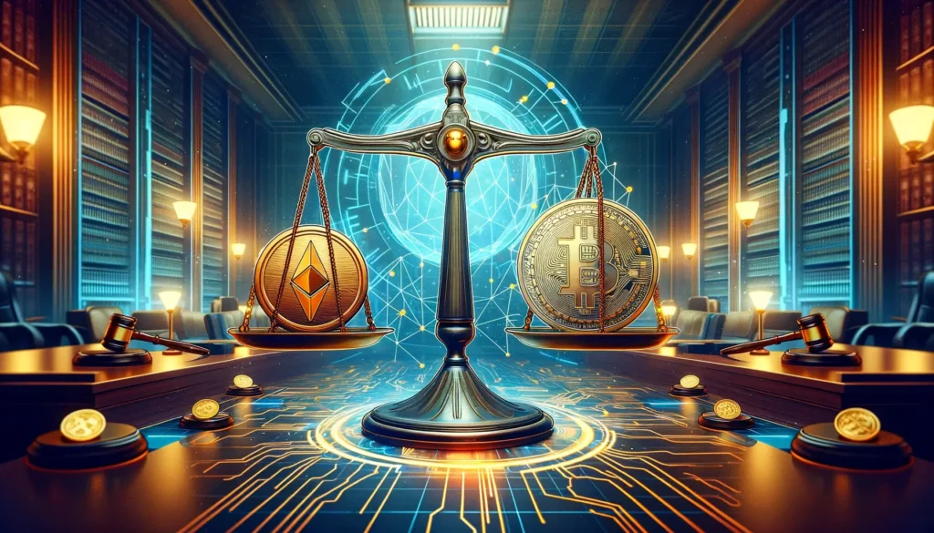Abstract art of digital scale balancing traditional finance and cryptocurrency regulations in a futuristic courtroom