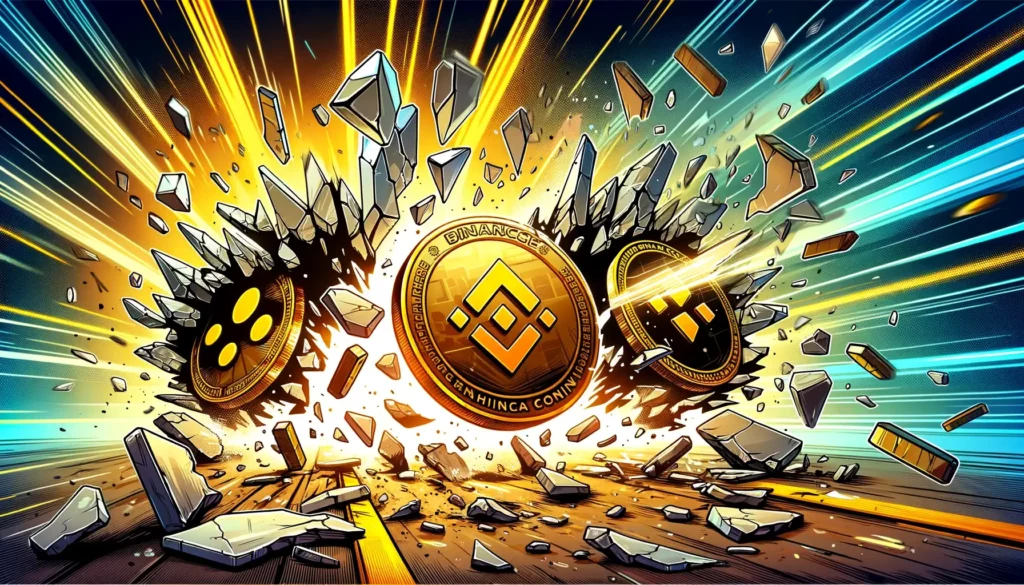 Binance Coin and Uniswap breaking through barriers in a comic style