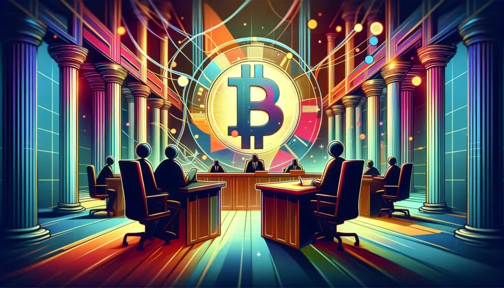 Abstract courtroom battle in cryptocurrency regulation
