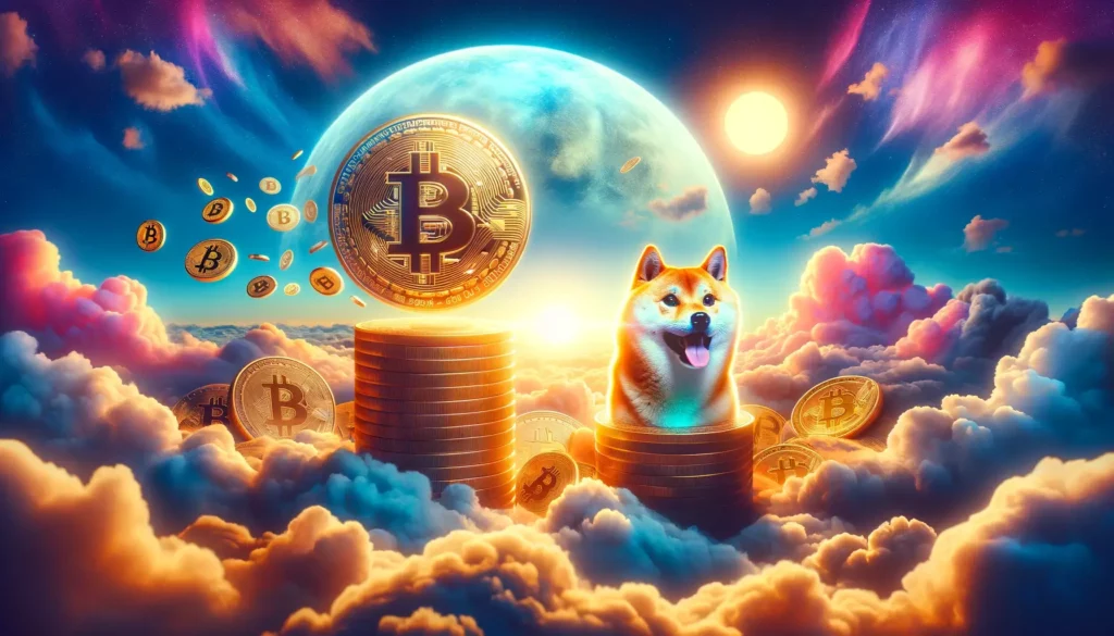 Surreal illustration of Bitcoin and Shiba Inu coins ascending amidst clouds symbolizing a bull run.