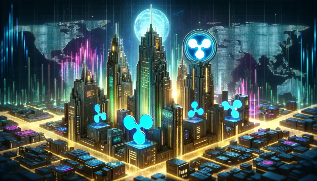 Futuristic cityscape with Ripple XRP integration into finance