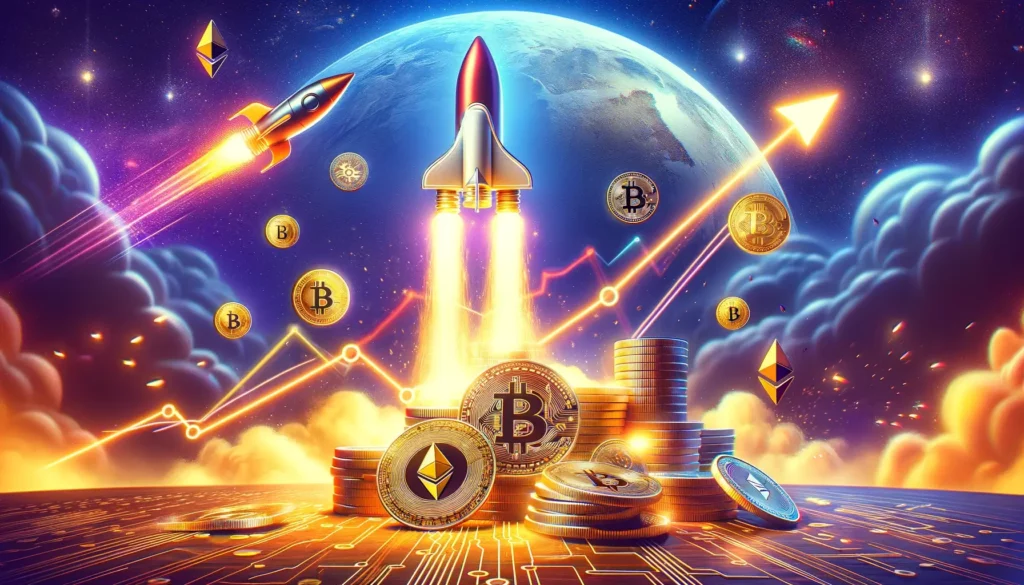 Illustration of cryptocurrency market surge with Bitcoin leading rally
