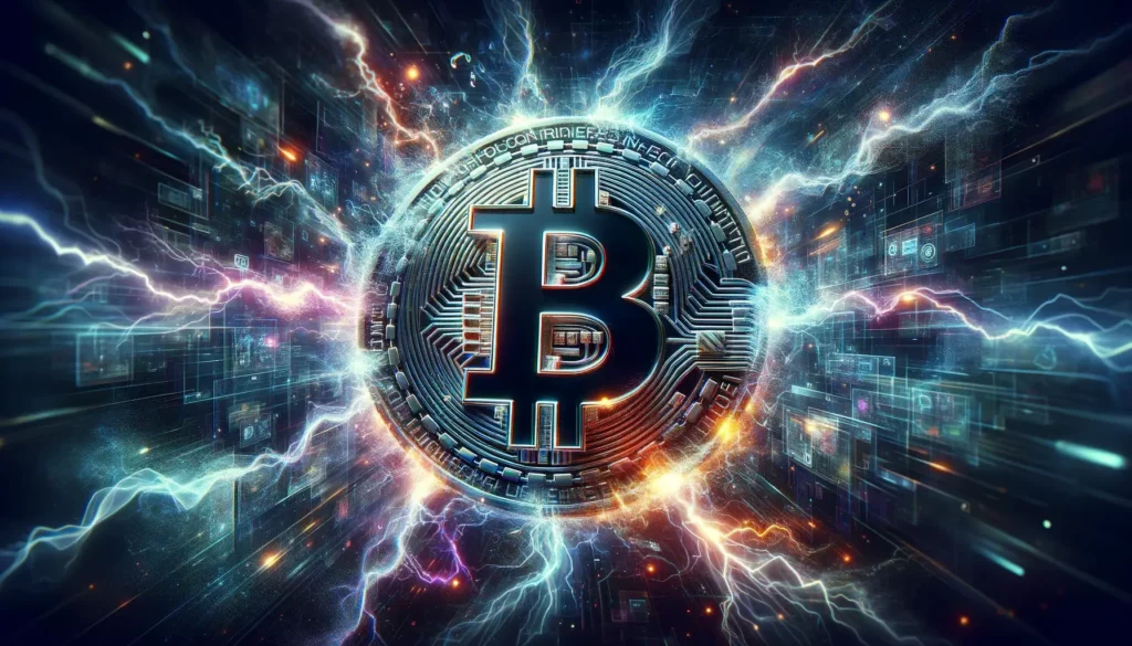 Bitcoin in digital storm with electric currents