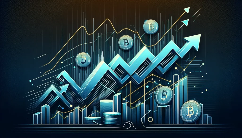 Abstract cryptocurrency market trend with volatility symbols