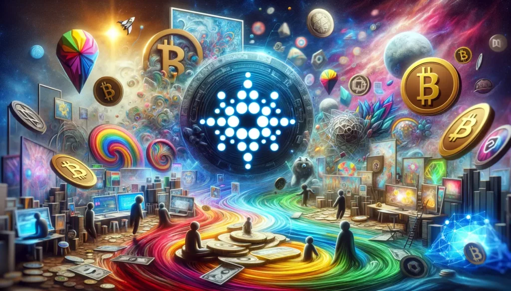 Vibrant NFT market scene centered around the Cardano logo