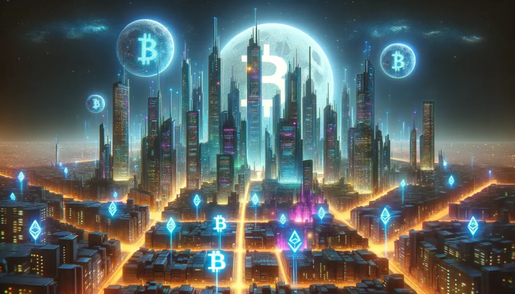 Utopian vision of a futuristic cityscape transformed by Bitcoin and Tron technologies