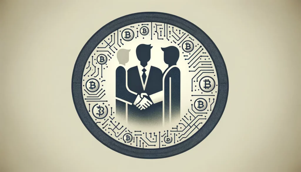 Minimalist handshake with crypto symbols in a partnership agreement.