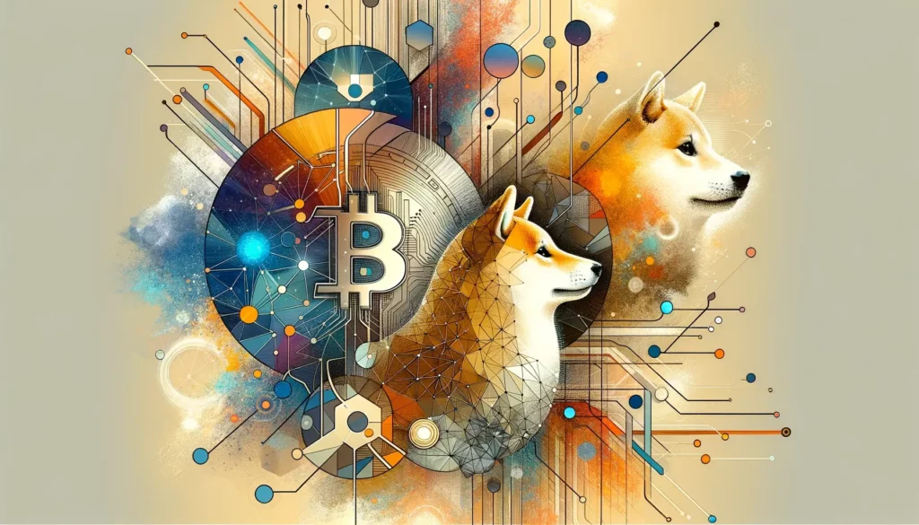 Abstract art showing the interconnected dynamics of Bitcoin, Solana, and Shiba Inu.