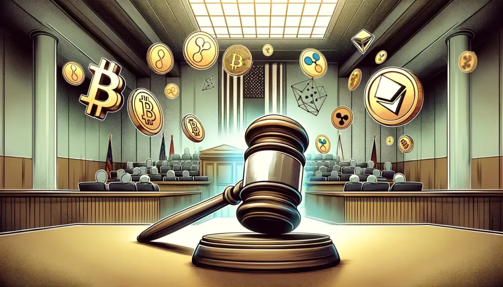 Courtroom illustration with gavel and cryptocurrency symbols for Ripple v. SEC case