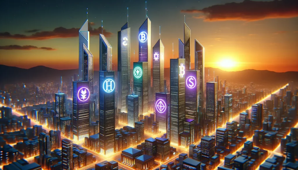 Futuristic cityscape at dusk with buildings representing cryptocurrencies, Solana logo on the tallest building.