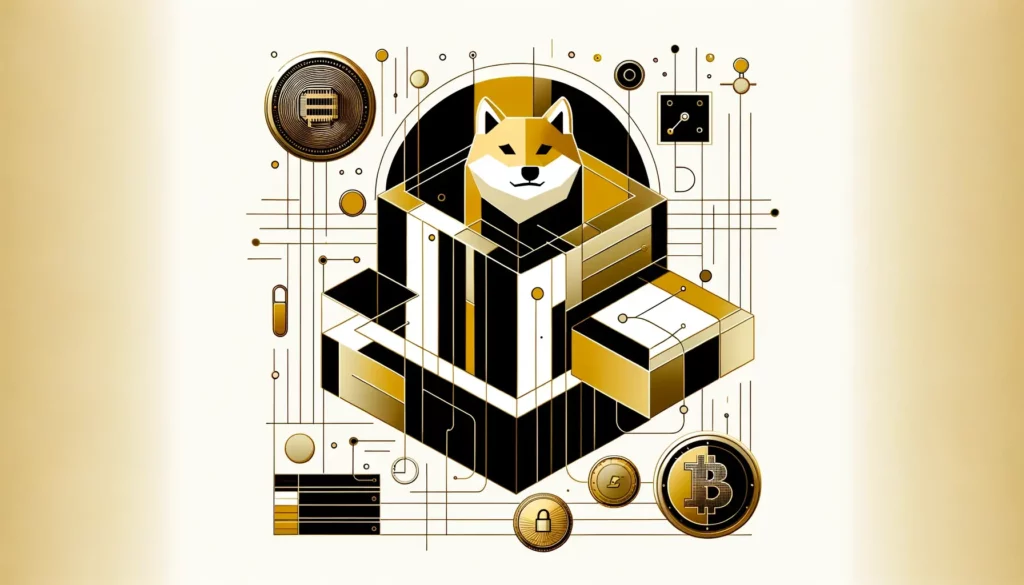 Minimalist and modern interpretation of digital scarcity and value in Shiba Inu NFTs with geometric shapes in gold, black, and white