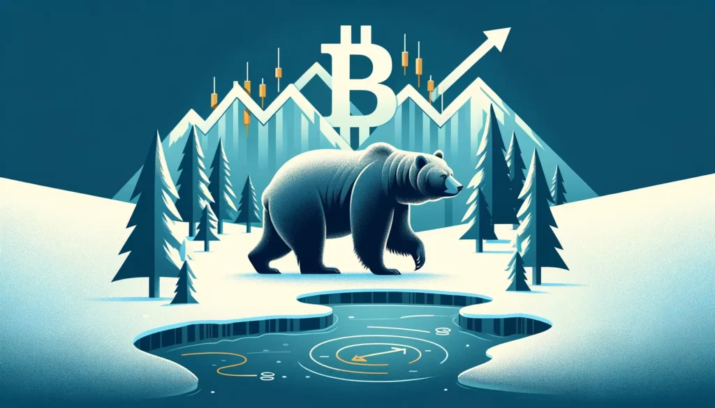 Minimalist bearish Bitcoin market landscape with bear and downward financial trends