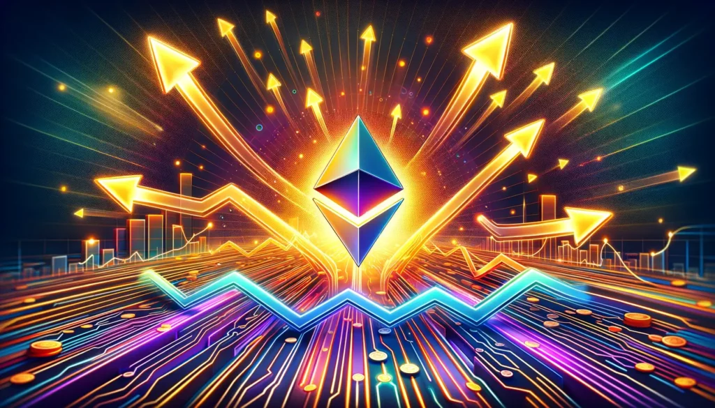 Abstract Ethereum logo soaring with glowing arrows indicating price surge