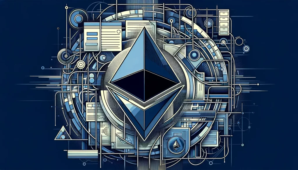 Abstract representation of cryptocurrency regulations and Ethereum blockchain
