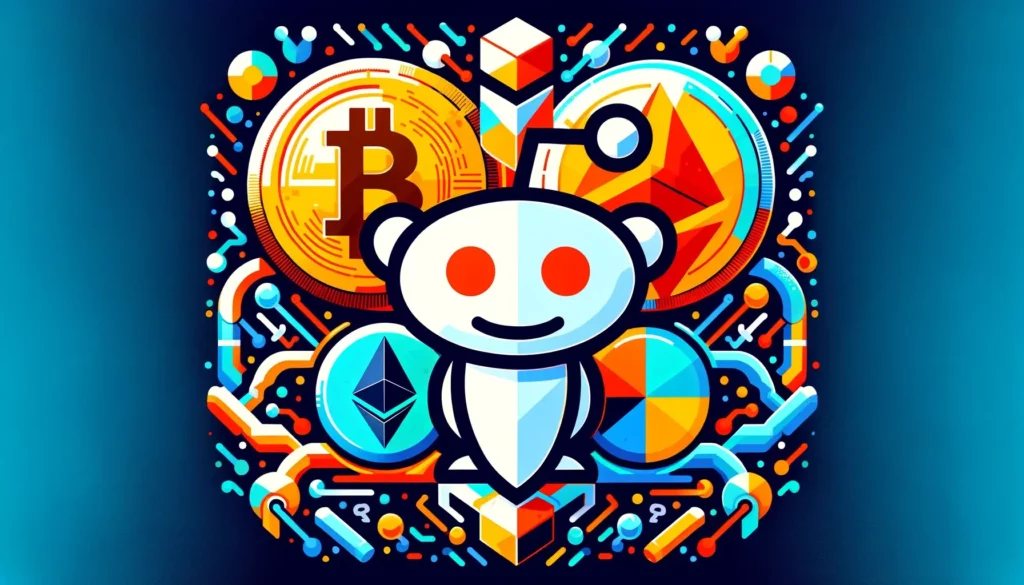 Abstract merger of Reddit logo with Bitcoin, Ethereum, and Polygon symbols