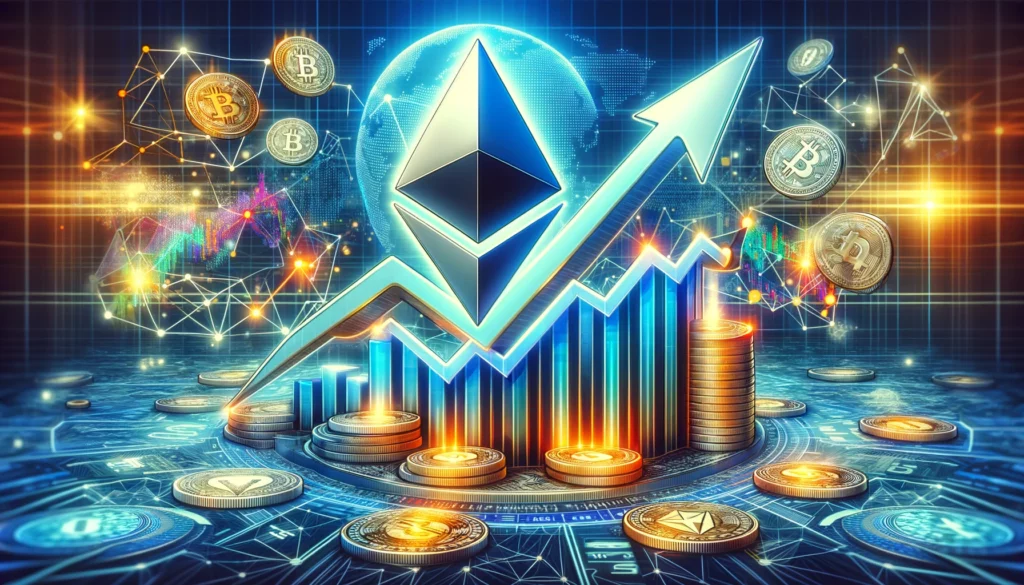 Ethereum price rally with upward trend graph and digital currency symbols in a futuristic style.