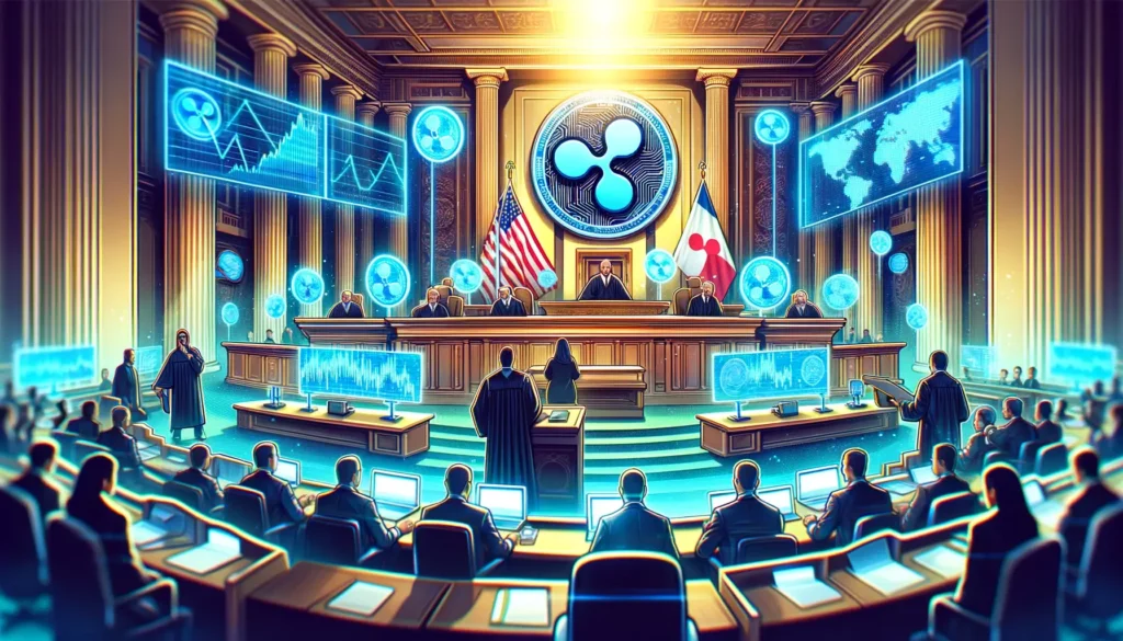 Courtroom scene with digital currency symbols representing Ripple vs. SEC legal battle.