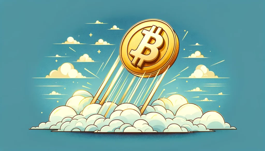 Golden Bitcoin symbol soaring through clouds, symbolizing price breakthrough