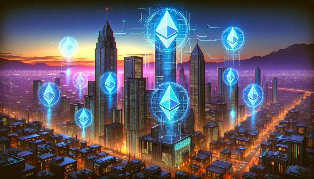 Futuristic city skyline with Ethereum logos at dusk