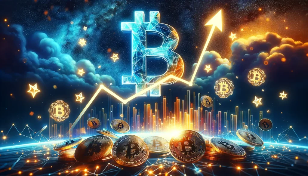 Bullish crypto market trend with Bitcoin and Chainlink symbols rising against a starry night sky.