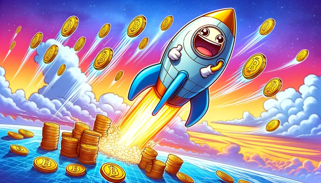 Cartoonish rocket symbolizing meme coin growth in cryptocurrency.