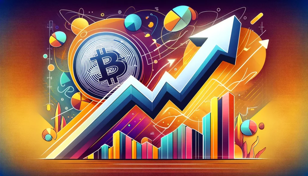 Abstract representation of Bitcoin's price surge with vibrant, volatile market background