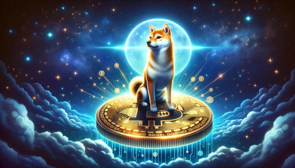 "Majestic Shiba Inu sitting atop a glowing digital currency coin under a starry sky.