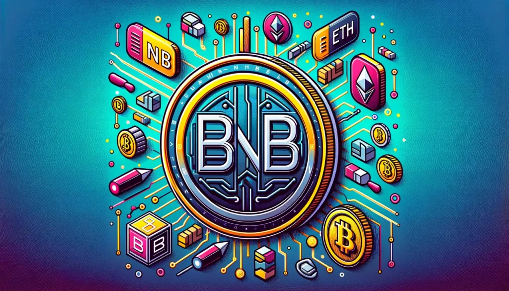 Colorful digital coin with BNB and ETH logos and blockchain symbols