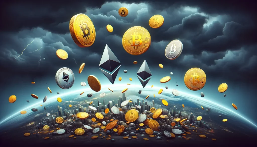 Illustration of cryptocurrencies as falling objects in a stormy sky.