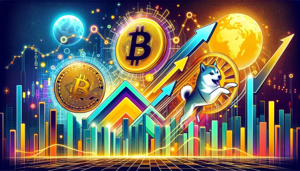 Futuristic digital landscape of Bitcoin and meme coins surge