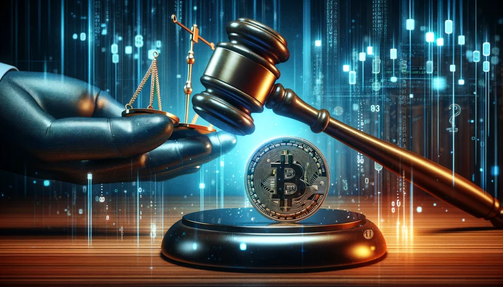 Digital gavel striking down on cryptocurrency coin symbolizing legal action in crypto industry