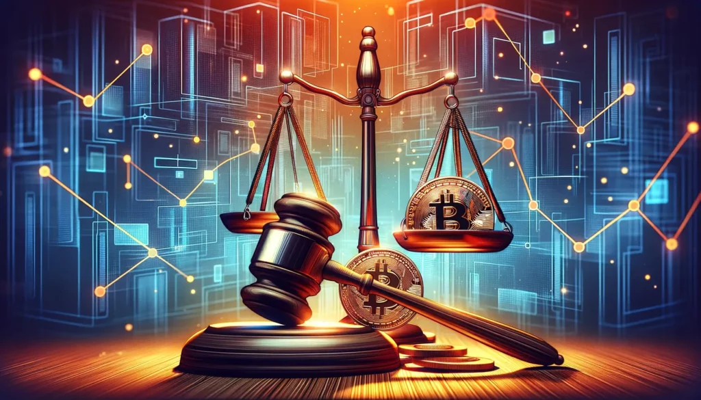 Cubist scales of justice with gavel and cryptocurrency coin on digital background