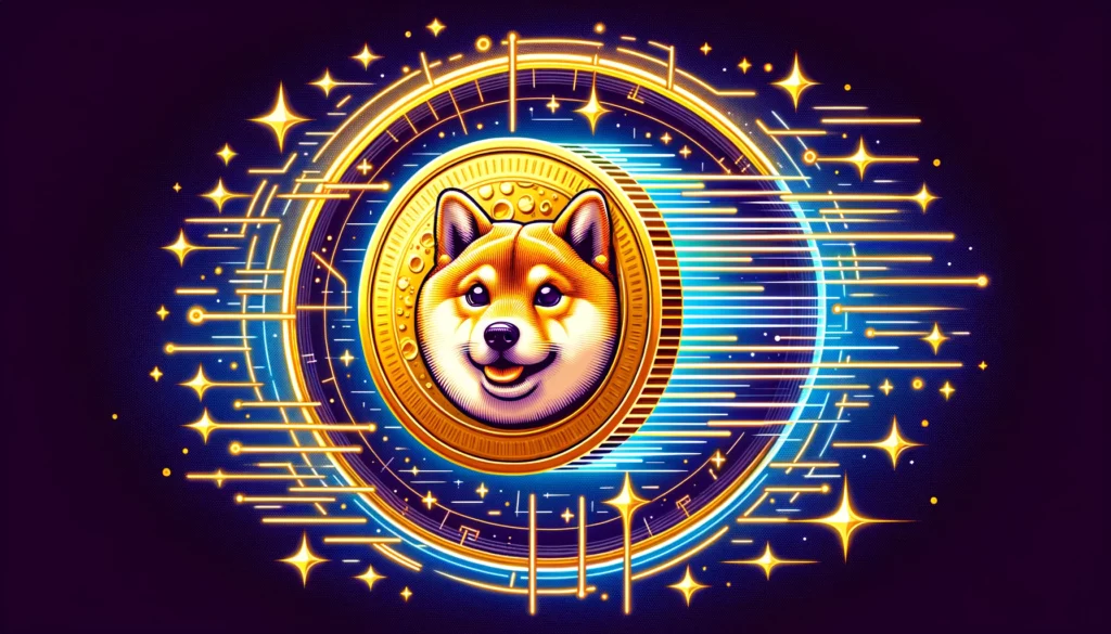 Golden Dogecoin coin flying in digital space with stars and futuristic lines