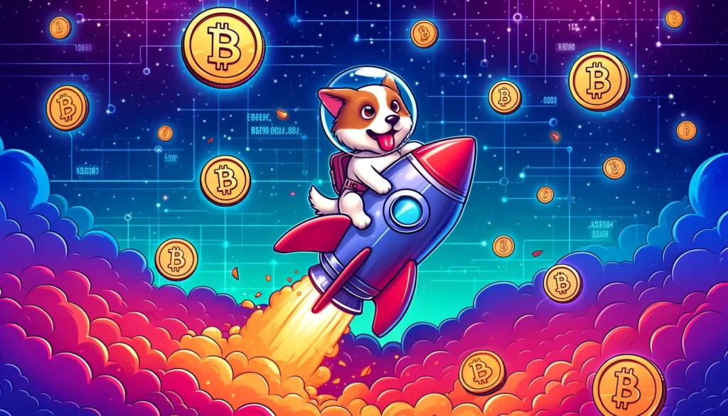 Cartoon dog in a rocket symbolizing Dogecoin's price surge against a digital currency backdrop