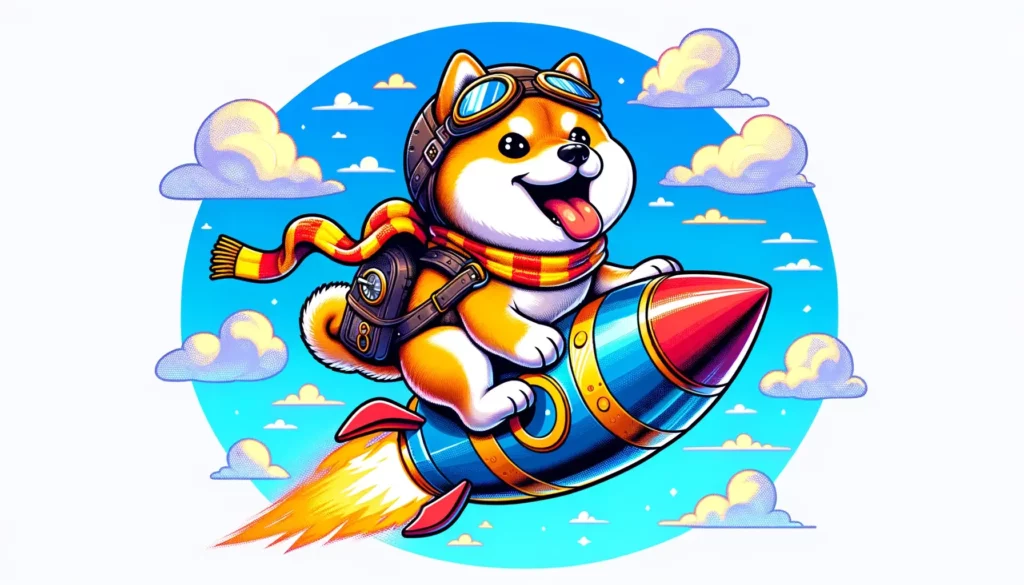 Cartoon Shiba Inu dog riding a rocket, representing meme coin market ascent.