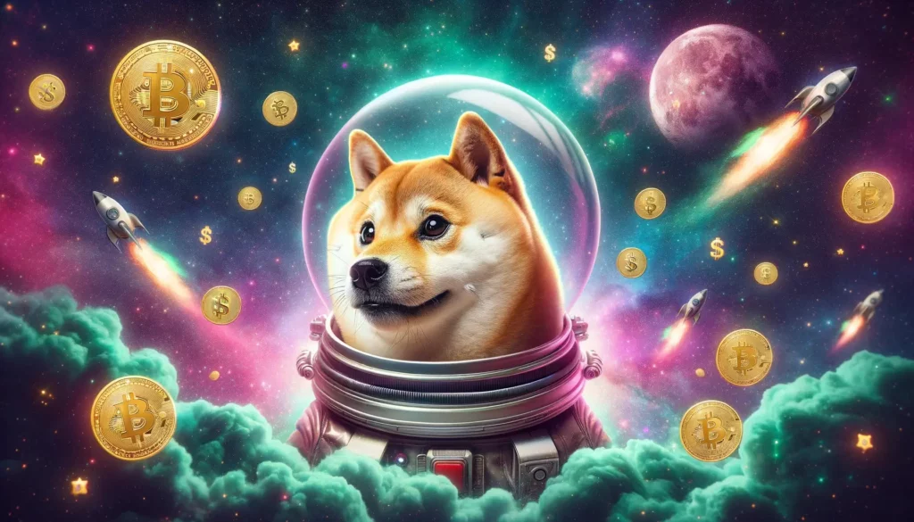 Surreal Shiba Inu in space helmet floating through galaxy with Dogecoin symbols