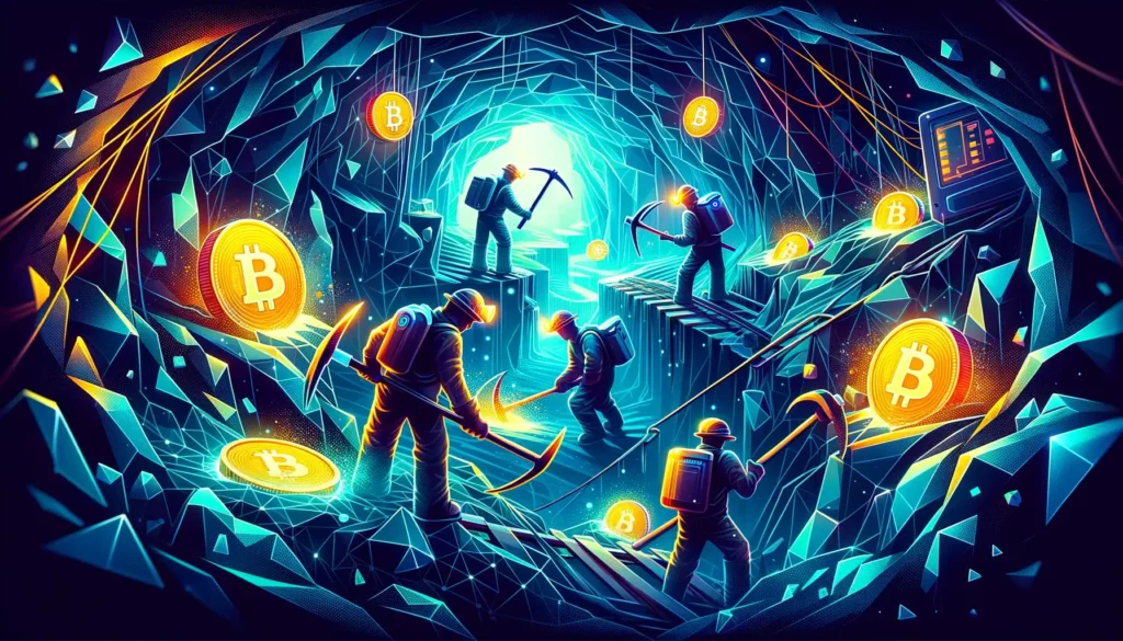 Abstract scene of miners mining Bitcoin in digital cave