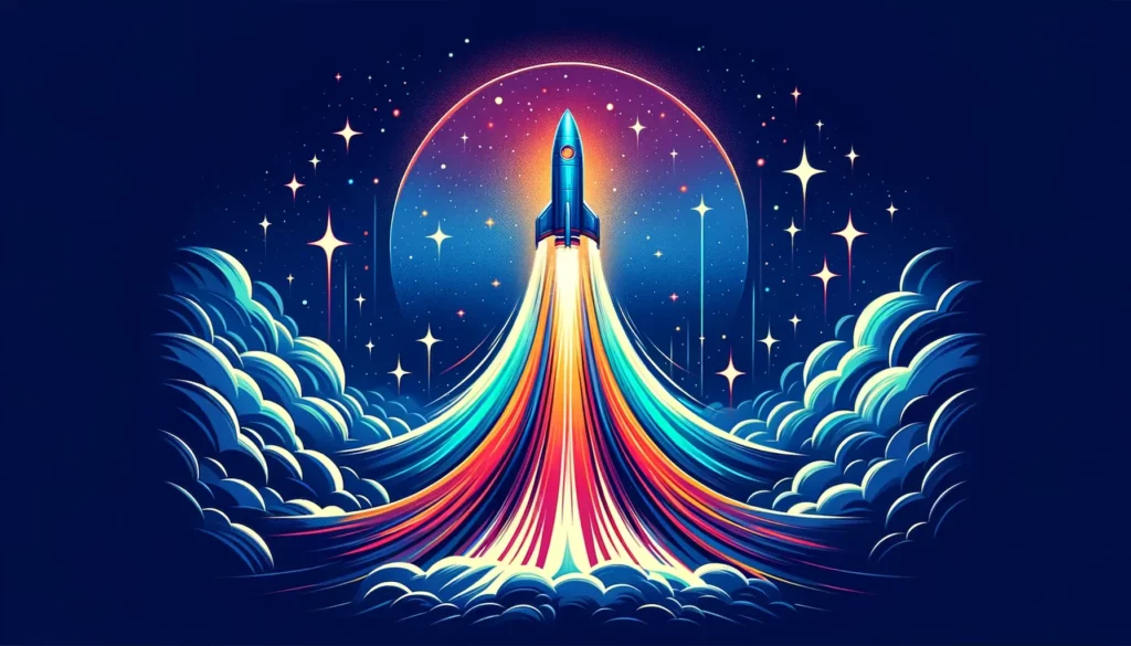 Abstract rocket soaring in star-filled sky symbolizing rapid growth