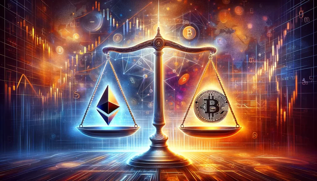 Abstract art of Bitcoin and Ethereum symbols on a balance scale, highlighting Bitcoin's dominance in ETF markets.