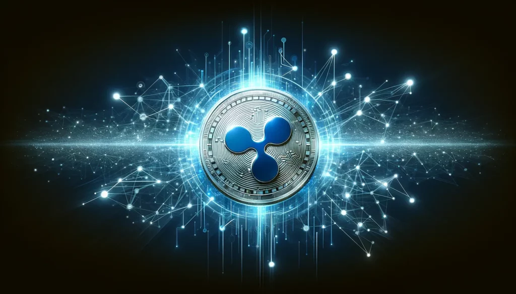 Ripple XRP coin with digital connections, modern art style showcasing increasing adoption in shades of blue.