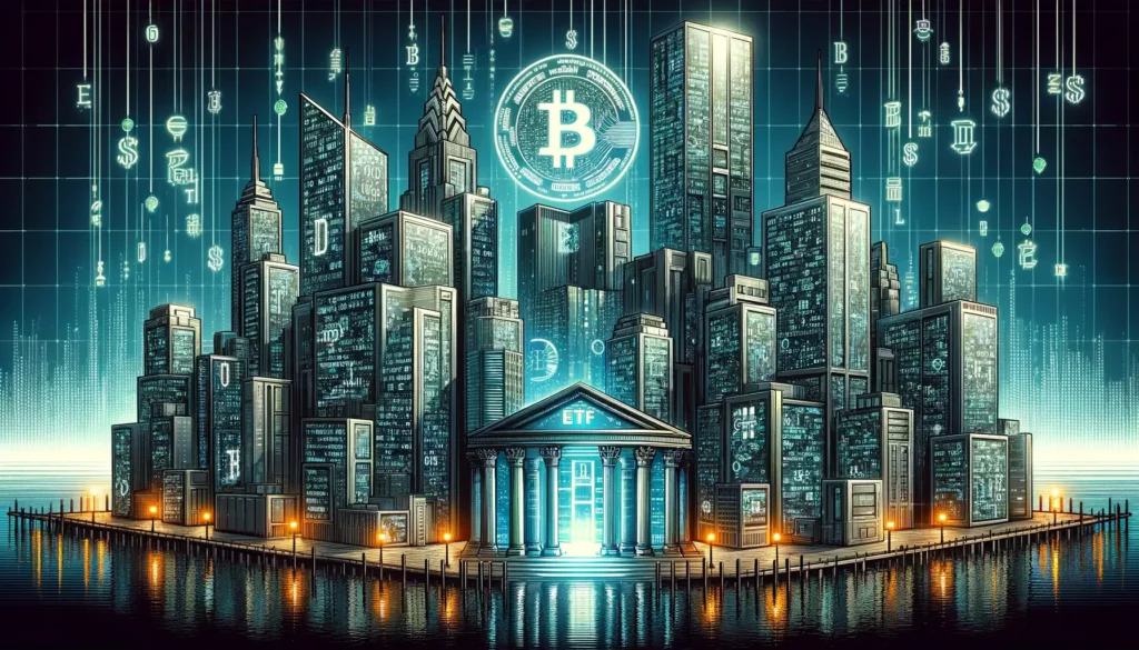 Futuristic cityscape highlighting Bitcoin ETFs in a cyberpunk style